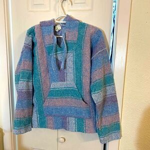 Pastel Pink Blue Striped Baja Knit Hooded Drug Rug Sweater M
